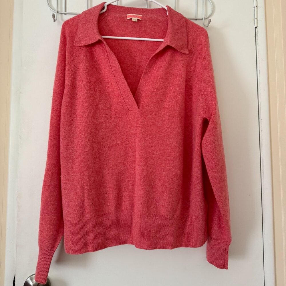 J.Crew Cashmere Collared V-Neck Sweater Salmon Ribbed Trim Women's Size Medium